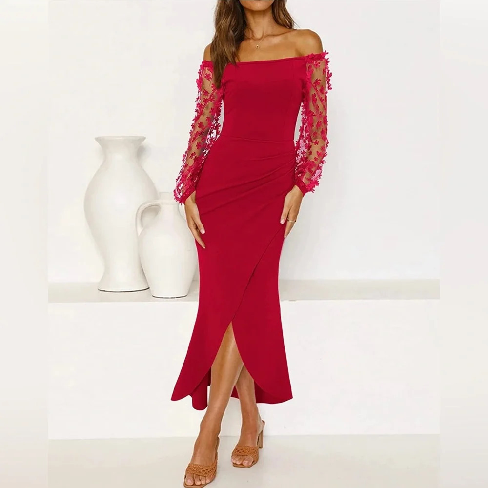 BTFBM Elegant Off the Shoulder Dress Sheer Long Sleeve Mesh Bodycon Maxi Medium